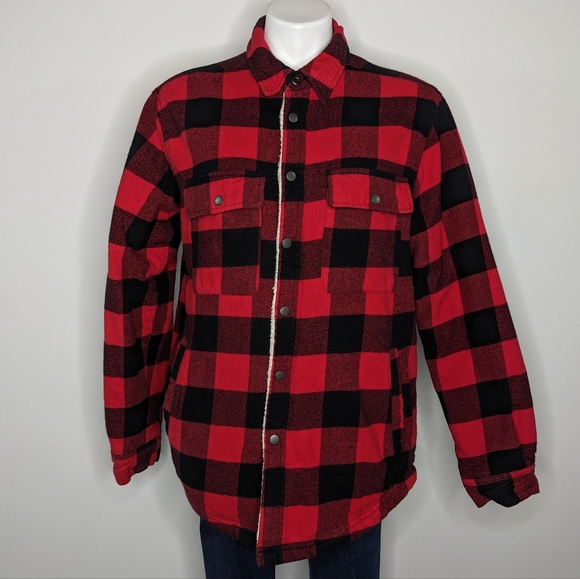 Falls Creek Jackets & Blazers - Falls Creek red black plaid fleece & flannel button up jacket